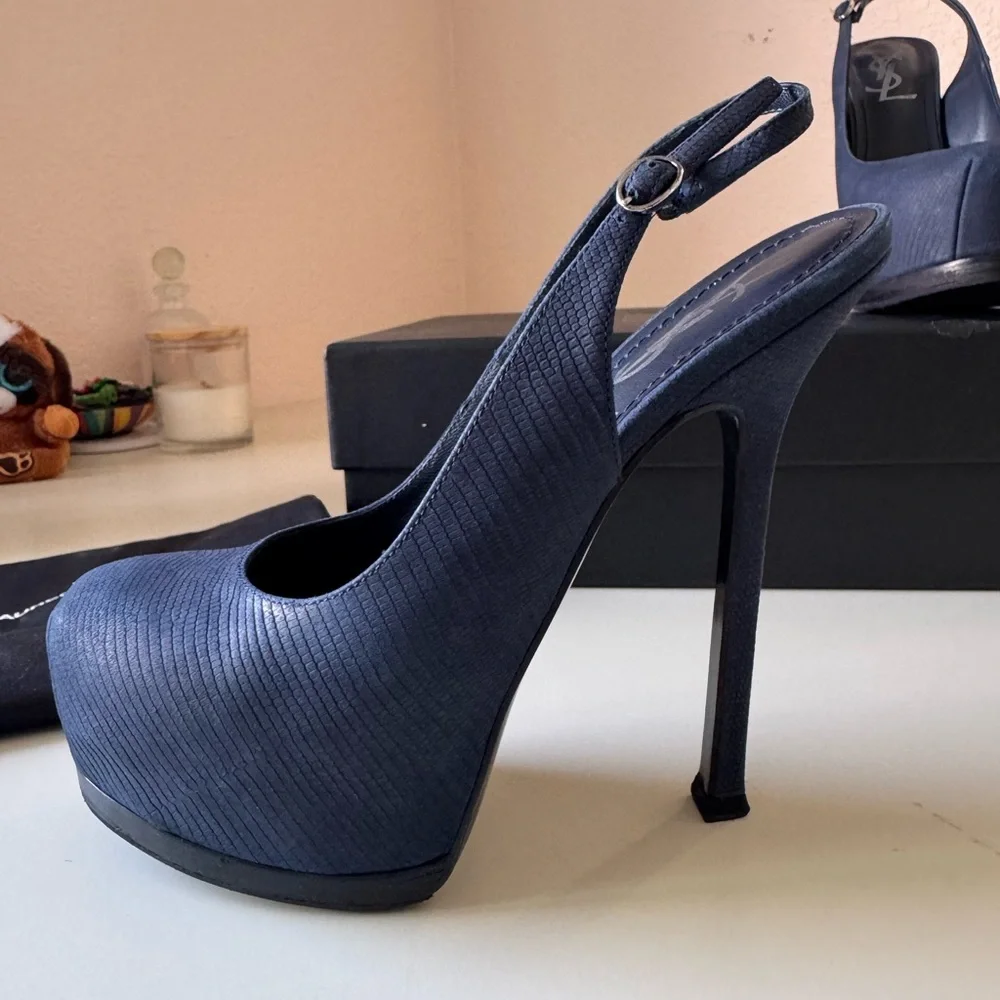 Saint Laurent Navy Blue Suede Tribtoo Slingback Heels 105mm - Picture 8 of 15